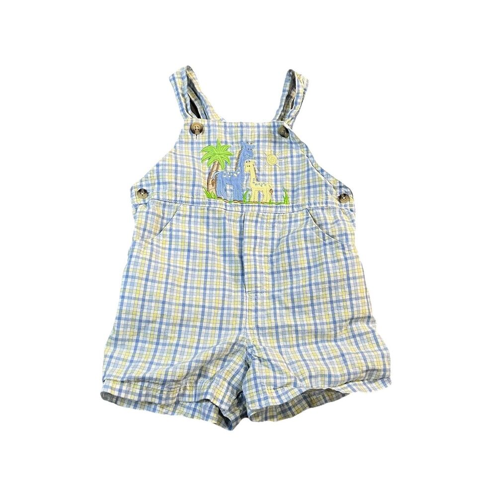 Starting Out Shortalls Baby 18M Blue Yellow Plaid Zoo Baby Momma Giraffe Romper